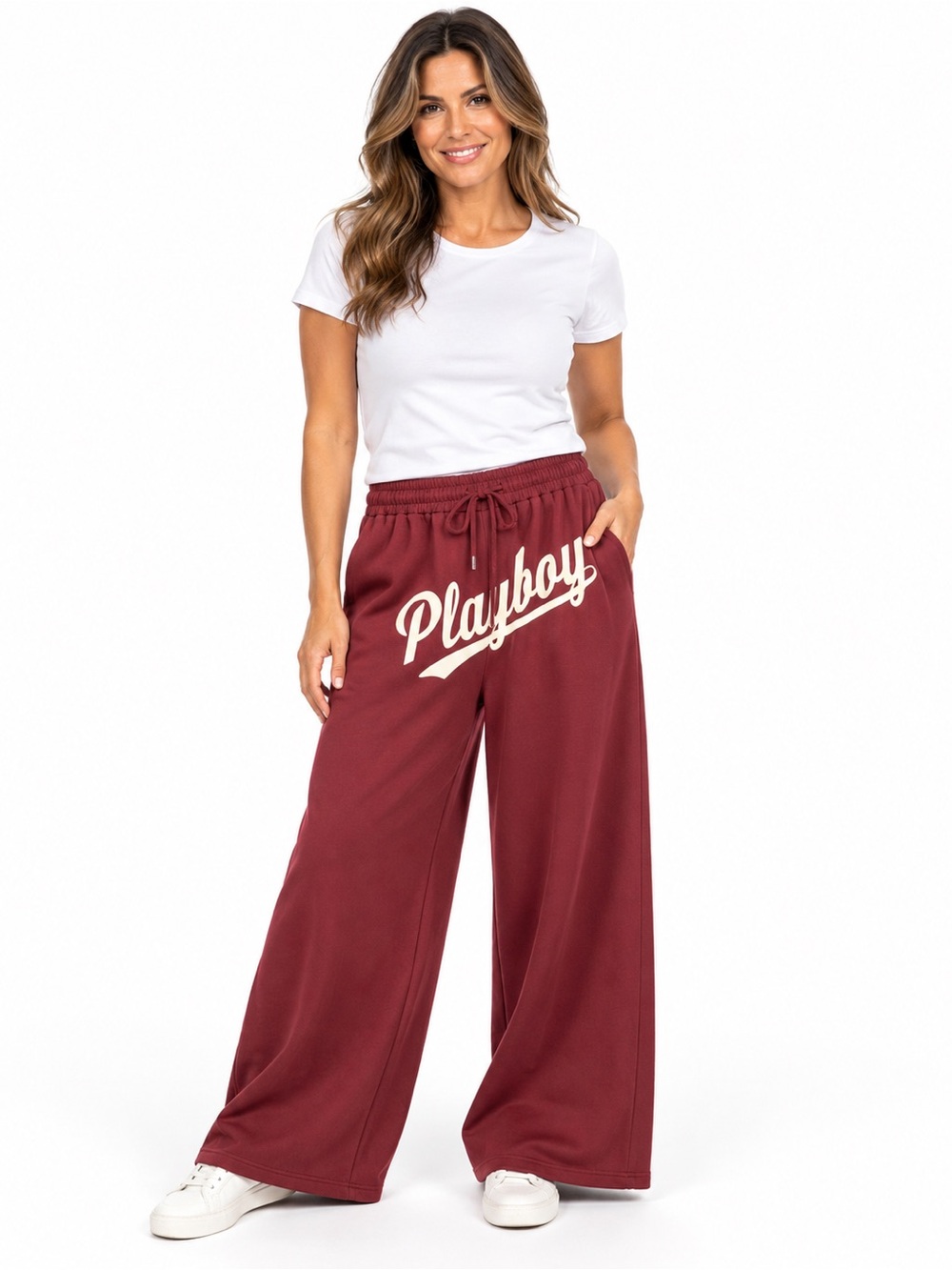 PLAYBOY Wide-Leg Sweatpants in Burgundy with Cream Logo NWOT